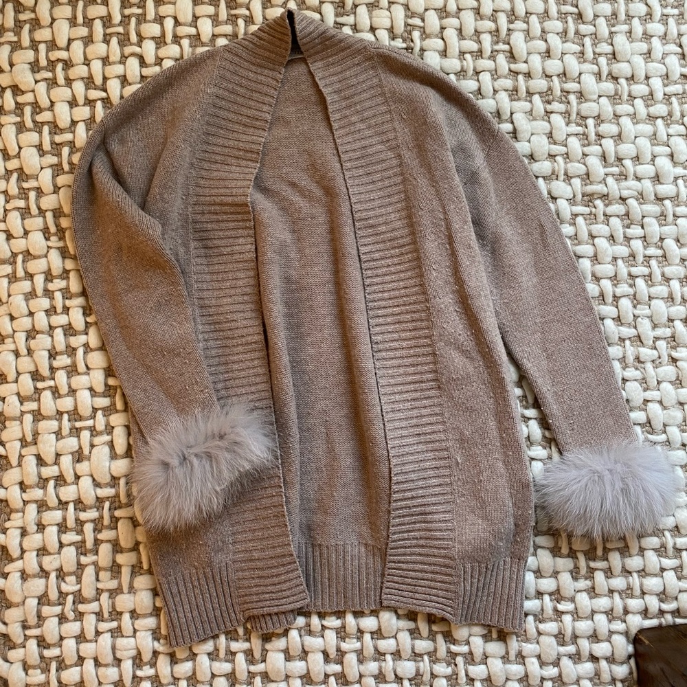 Beige Cashmere Cardigan Sweater Fur Sleeves, From Paris, INTUITION Paris, XS